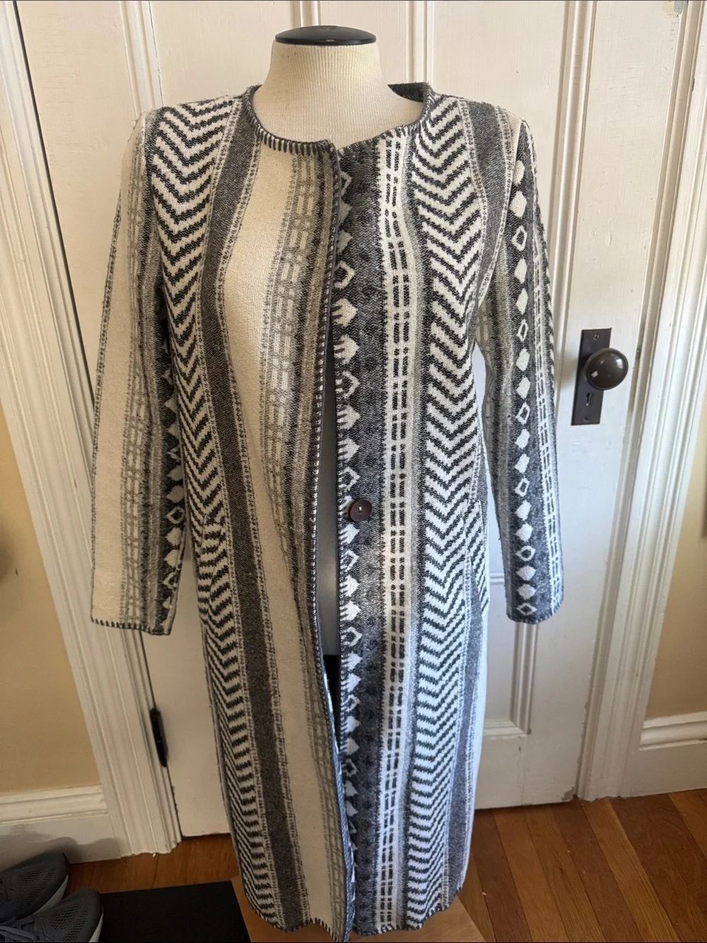 Anama Anthropologie Long Knit Wool Open-Front Jacket Cardigan in Gray/White